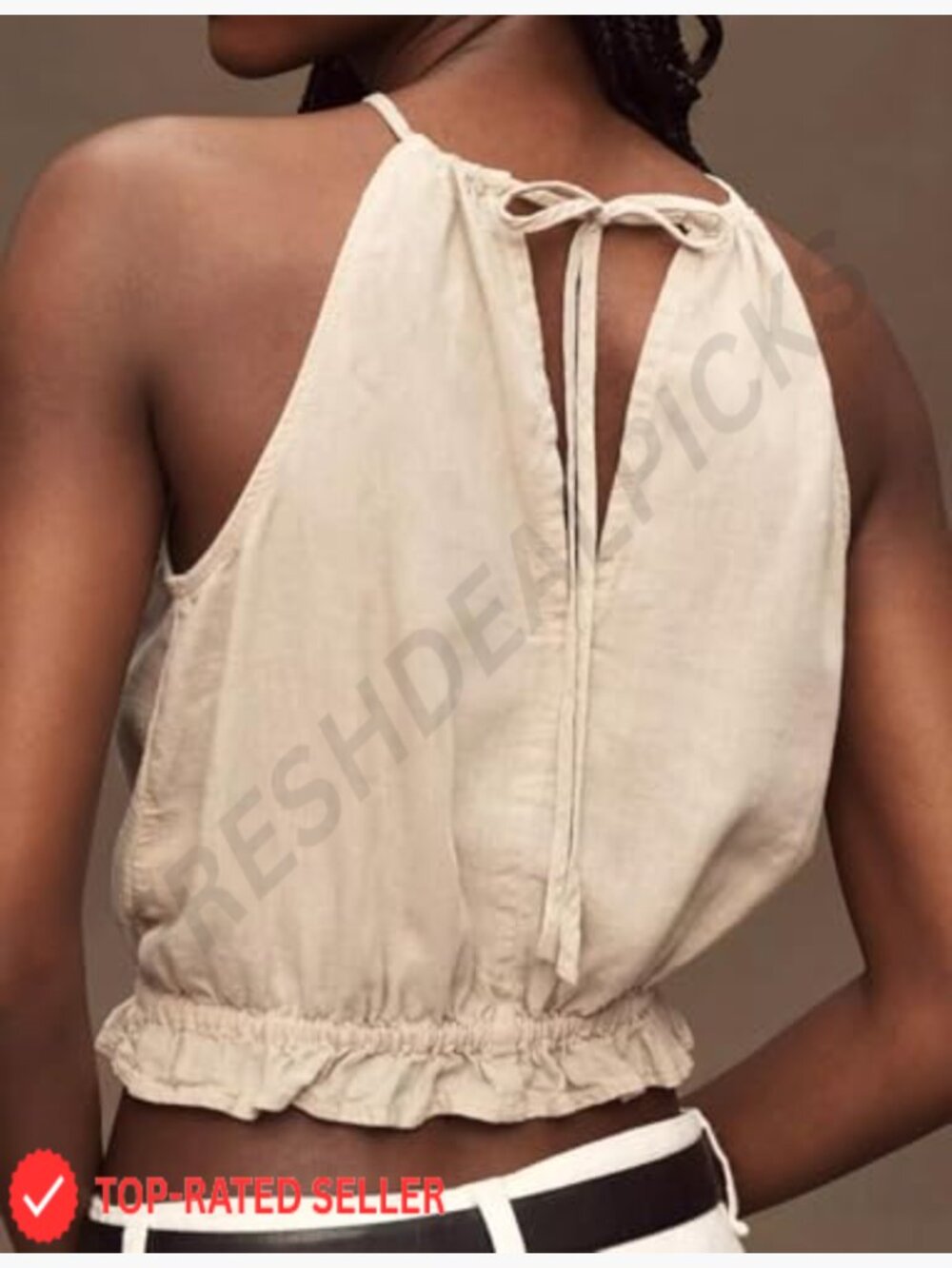 Cropped Halter Tank Top Sleeveless Summer Linen High Neck Cute Top - Picture 2 of 4